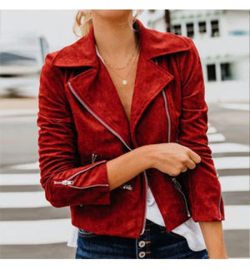 Autumn and winter new style European and American women's lapel diagonal multiple zippers short long sleeve commuter slim jacket