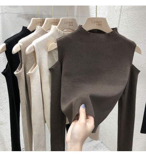 2022 New Fashion Women Winter Sweater Korean Solid Color off-the-shoulder long-sleeve top base shirt Sweater