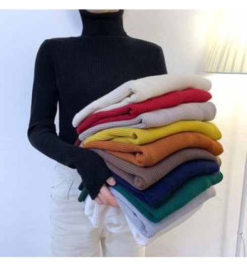 Wholesale White Slim Fit Pullover Polyester Striped Long Sleeve Blank Turtleneck Sweater Winter Women Sweater Tops