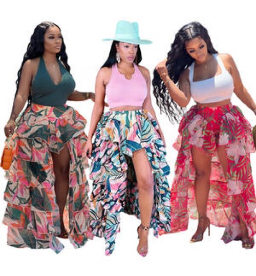 10%OFF S-XXL Women's Chiffon Print Patchwork Chiffon Print Patchwork Long Skirts Irregular Floral Skirts