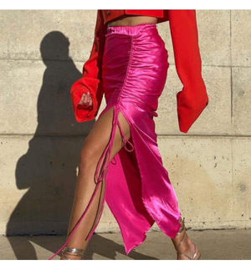 Summer Silk Satin Long Women Skirts Solid Color Drawstring High Side Slit Sexy Elegant Skirts Female