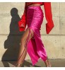 Summer Silk Satin Long Women Skirts Solid Color Drawstring High Side Slit Sexy Elegant Skirts Female