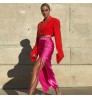 Summer Silk Satin Long Women Skirts Solid Color Drawstring High Side Slit Sexy Elegant Skirts Female