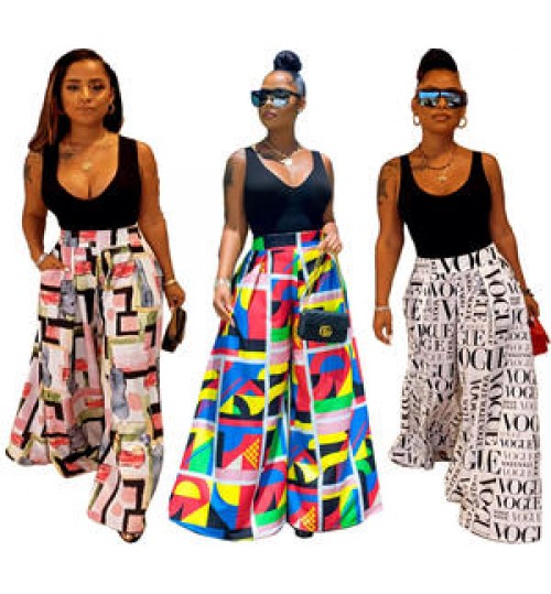 Z36197 Pretty Print Palazzo pants High Waist Loose long wide leg pants Women's pants & trousers
