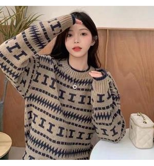 Thickened stripe long sleeve Pullover Sweater women's Korean loose round neck sweater winter