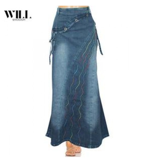 women's vintage literary style stitched denim fishtail denim skirt
