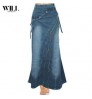 women's vintage literary style stitched denim fishtail denim skirt