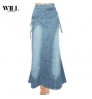 women's vintage literary style stitched denim fishtail denim skirt