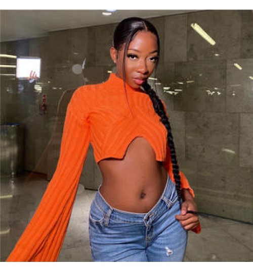 Fashion Knitted Women's Cropped Sweaters Flared Sleeve Ladies Sweaters Designer Tops Winter Fall Clothes For Women