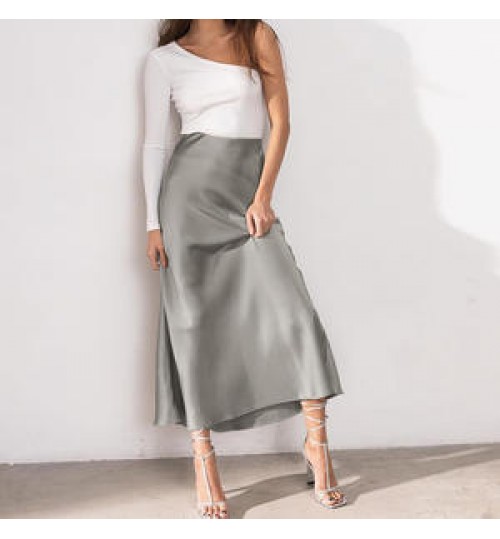 Cheap Solid Elegant Mid-length Fish Tail Casual Office Women's Elastic High Waist Satin A-line Skirt