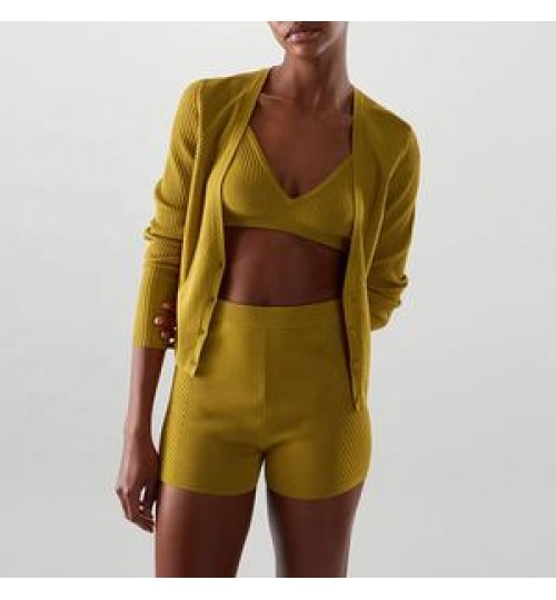 Women's Sweater Cashmere Cardigan Shorts Set Custom Knit Sweater Three Piece Knit Crop Top Set Top and Sweater Shorts