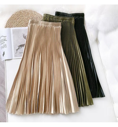 Women's Vintage Pleated Midi Long Satin Skirt Korean Female High Waist Metal Color Black A-line Skirts Faldas