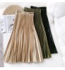 Women's Vintage Pleated Midi Long Satin Skirt Korean Female High Waist Metal Color Black A-line Skirts Faldas