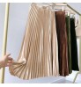 Women's Vintage Pleated Midi Long Satin Skirt Korean Female High Waist Metal Color Black A-line Skirts Faldas