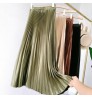 Women's Vintage Pleated Midi Long Satin Skirt Korean Female High Waist Metal Color Black A-line Skirts Faldas
