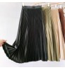 Women's Vintage Pleated Midi Long Satin Skirt Korean Female High Waist Metal Color Black A-line Skirts Faldas