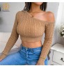 Fall 2022 women clothes off shoulder knitted sweater solid color women's sweaters