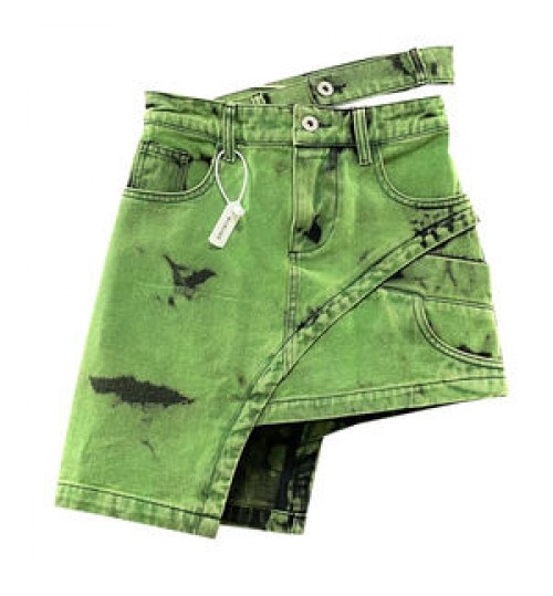 Summer New Fashion Women's Denim Skirt Personalized Double-Row Waist Irregular Mini Skirt Green Asymmetric Short Skirt