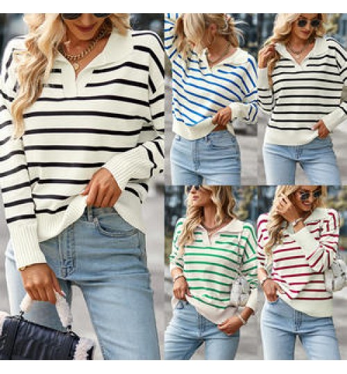 New arrival womens fall clothing v neck stripe women's sweaters long sleeve knit women sweater 2022