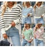 New arrival womens fall clothing v neck stripe women's sweaters long sleeve knit women sweater 2022