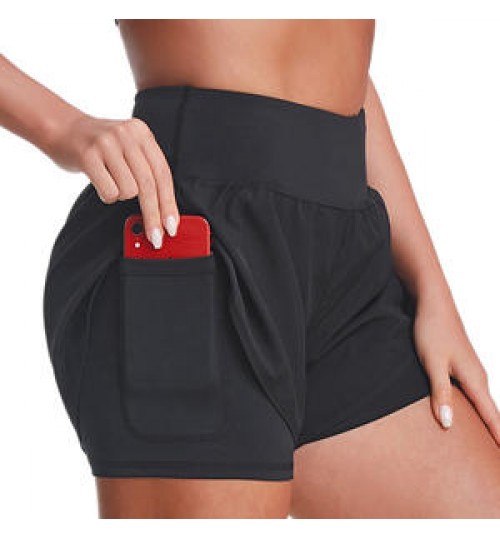 Women's 2 in 1 Running Shorts Quick Dry Yoga Workout Athletic Gym Shorts with Phone Pockets