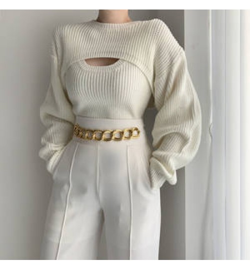 Autumn gas knit sweater undershirt casual short sweater women two piece set