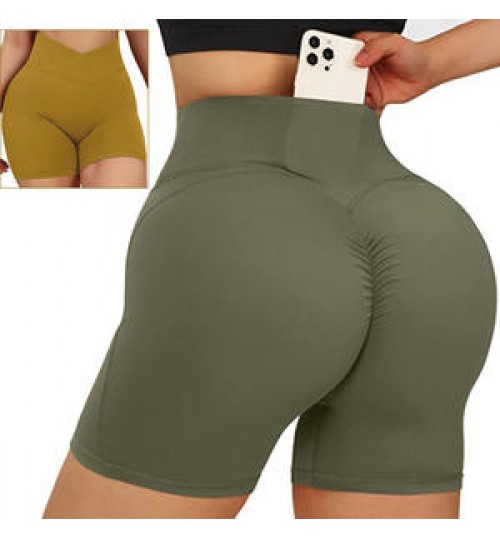 Women's Solid Colors Custom Logo Fitness Hot Shorts High Waist Cross Front Summer Scrunch Gym Shorts