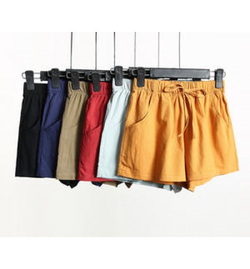Woman Cotton Linen Fabric Shorts Drawstring Solid Summer Casual Beach Elastic Waist Pocketed Shorts Women 2021