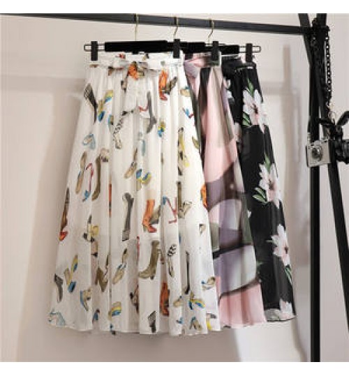 Women Summer Skirts 2022 Vintage Printed Chiffon A-Link Skirt Bohemian Bow Waist Casual Holiday Beach Midi Skirt With Lining New