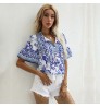 Women Elegant Short Tops Summer Retro Vintage Floral Print Blouse Western Tops For Women